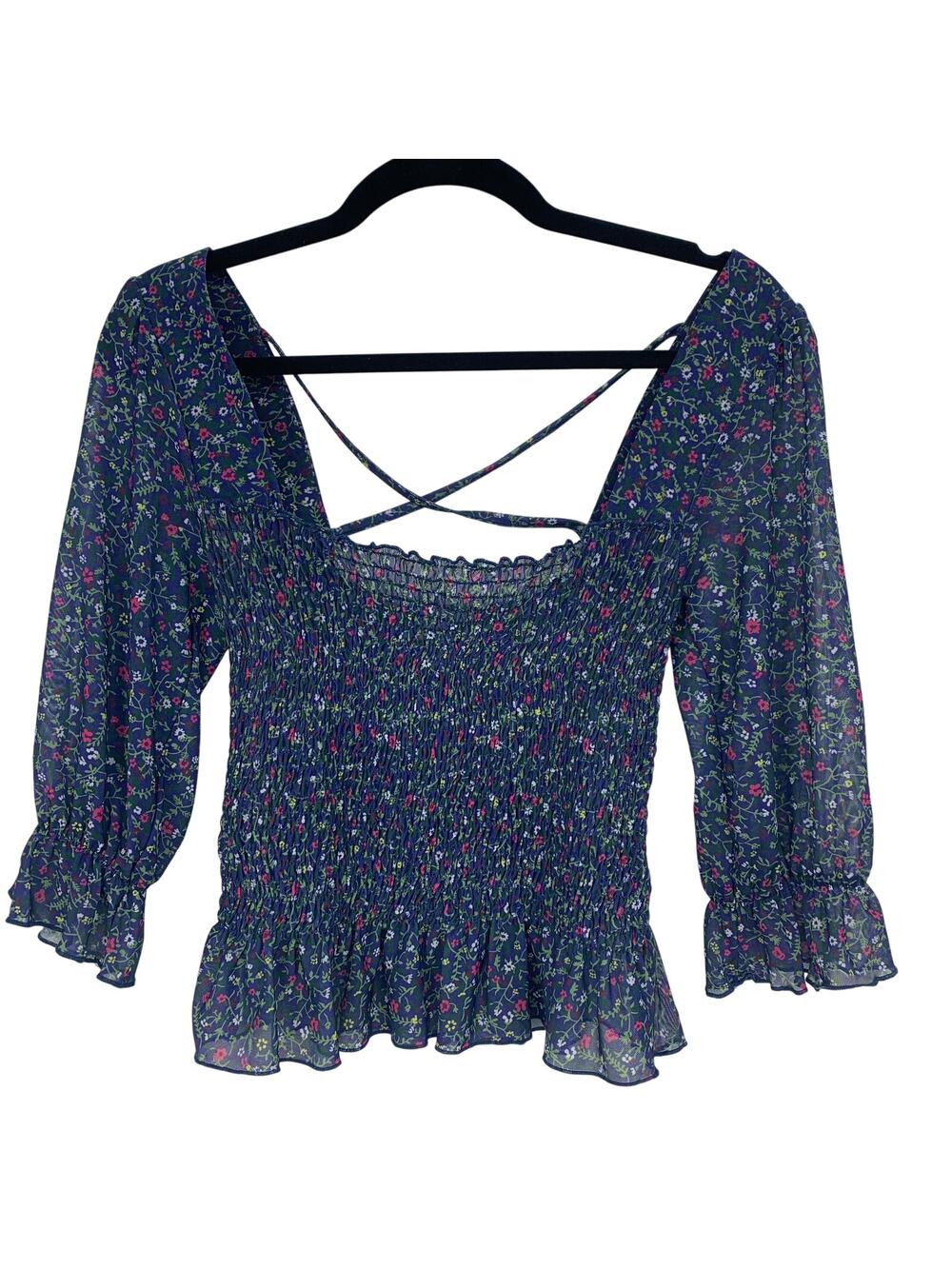 TOPSHOP Blue Floral Half Sleeve Smocked Peplum Criss Cross Back Top Size 6